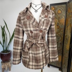 Brown‎ Plaid Fitted Belted Coat Double Breasted Wool Blend Dark Academia